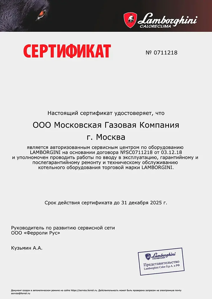 ООО МОСКОВСКАЯ ГАЗОВАЯ КОМПАНИЯ Авторизованный сервисный центр Lamborghini в Москве и московской области